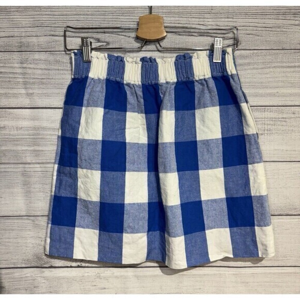 J Crew F. Printed Linen Cotton Sidewalk Mini Skirt SIZE 2 blue white plaid